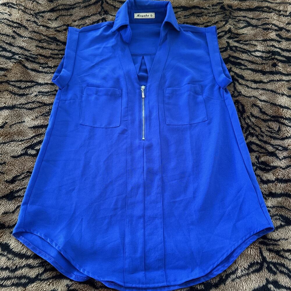 Moyabo Royal Blue Sleeveless Quarter Zip Collared Blouse Top Small Business
